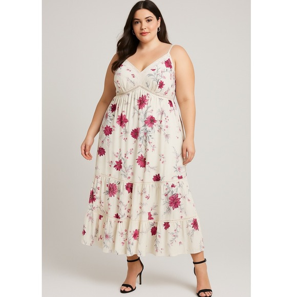 torrid Dresses & Skirts - Torrid White Floral Maxi Dress Boho Tiered Size 1 Smocked Back Lined Adjustable